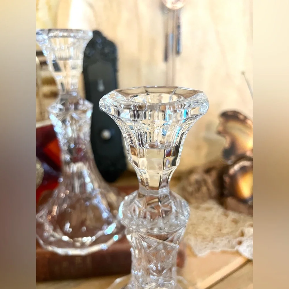 Vintage Set of Two Etched Cut Clear Glass Stunning Candlestick Holders